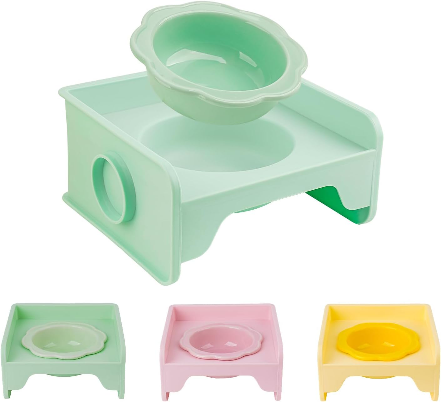 Cat Bowls Elevated Whisker Friendly, Cat Food Bowls for Indoor Cats, Ceramic Shallow Cat Food Dishes, Non-Slip Raised Edge Plastic Feeding Bowl Stand, Catch Water, Food Mess, No Spill (Pink)