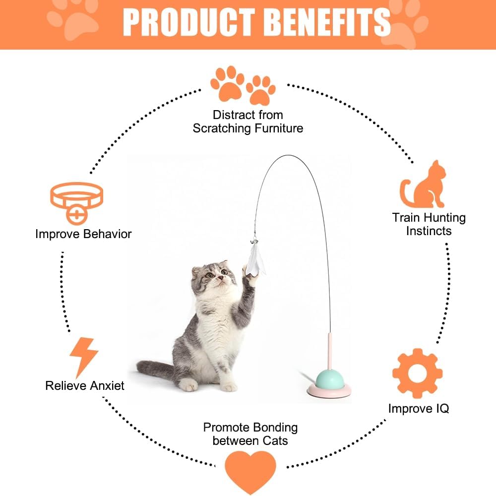Cat Feather Toy, Steel Wire Cat Wand with Suction Cup & Bell for Indoor Cats