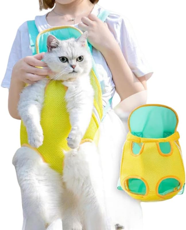 Pet Carrier Backpack, Adjustable Pet Front Cat Carrier Breathable, Easy-Fit for Traveling Hiking for Small Medium Dogs Cats (Yellow and Green Stitching, L-(Recommended Weight 7-10 Catties))