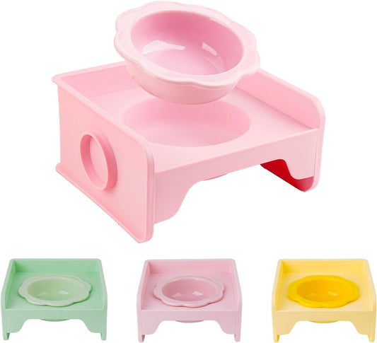 Cat Bowls Elevated Whisker Friendly, Cat Food Bowls for Indoor Cats, Ceramic Shallow Cat Food Dishes, Non-Slip Raised Edge Plastic Feeding Bowl Stand, Catch Water, Food Mess, No Spill (Pink)