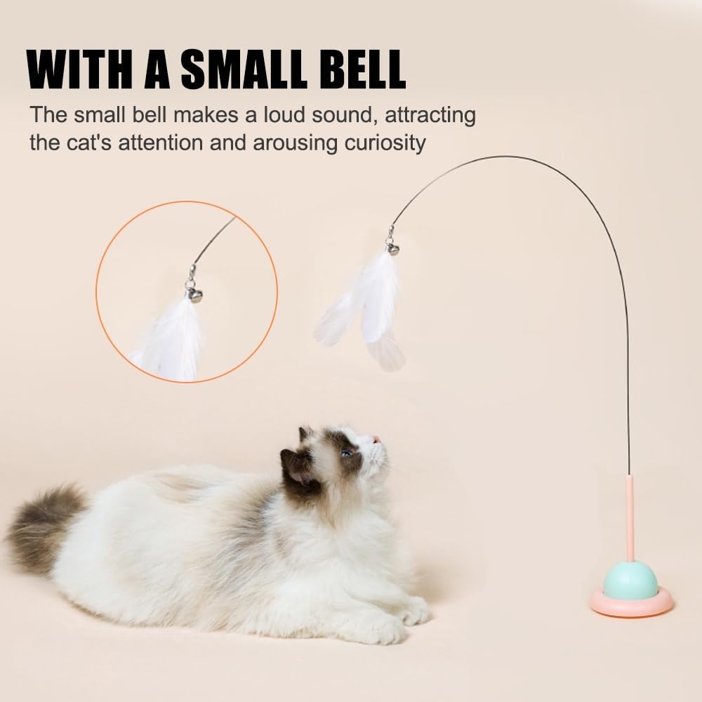 Cat Feather Toy, Steel Wire Cat Wand with Suction Cup & Bell for Indoor Cats