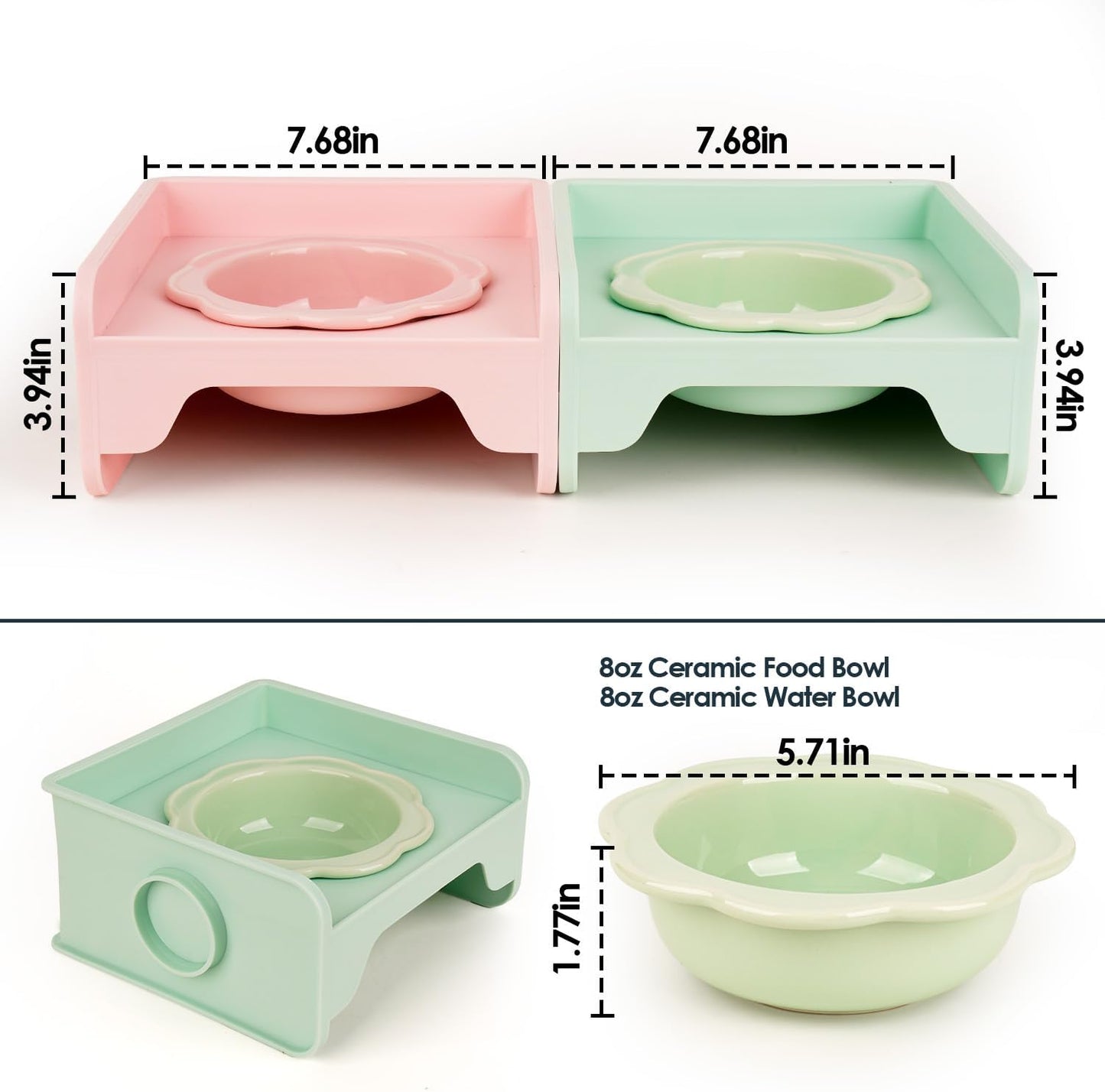 Cat Bowls Elevated Whisker Friendly, Cat Food Bowls for Indoor Cats, Ceramic Shallow Cat Food Dishes, Non-Slip Raised Edge Plastic Feeding Bowl Stand, Catch Water, Food Mess, No Spill (Pink)
