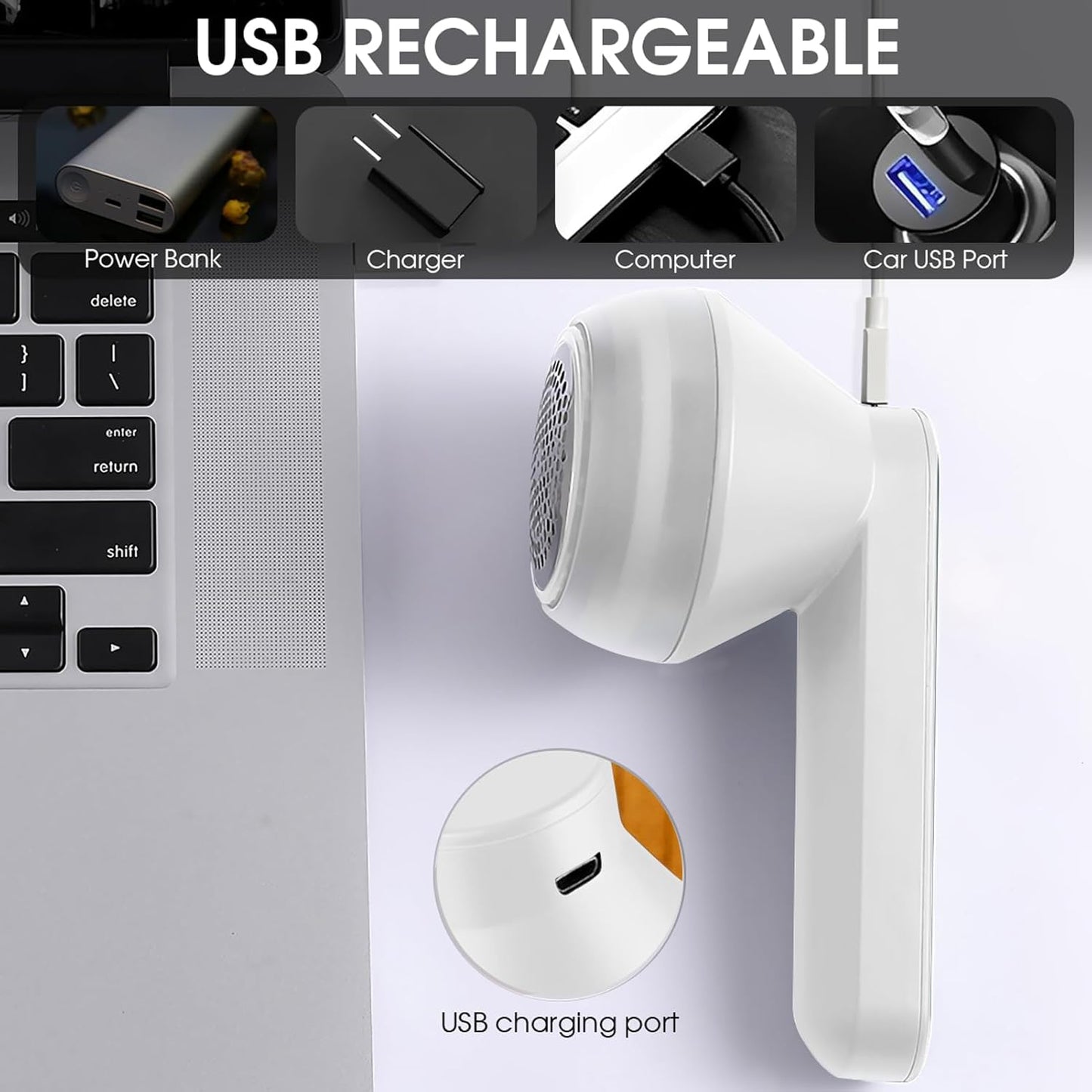 Lint Remover Clothes Fuzz Fabric Shaver Defuzzer with 6-Leaf Blades Rechargeable Sweater Shaver Pill Remove Pilling Fuzz for Clothing Couch Blanket - White