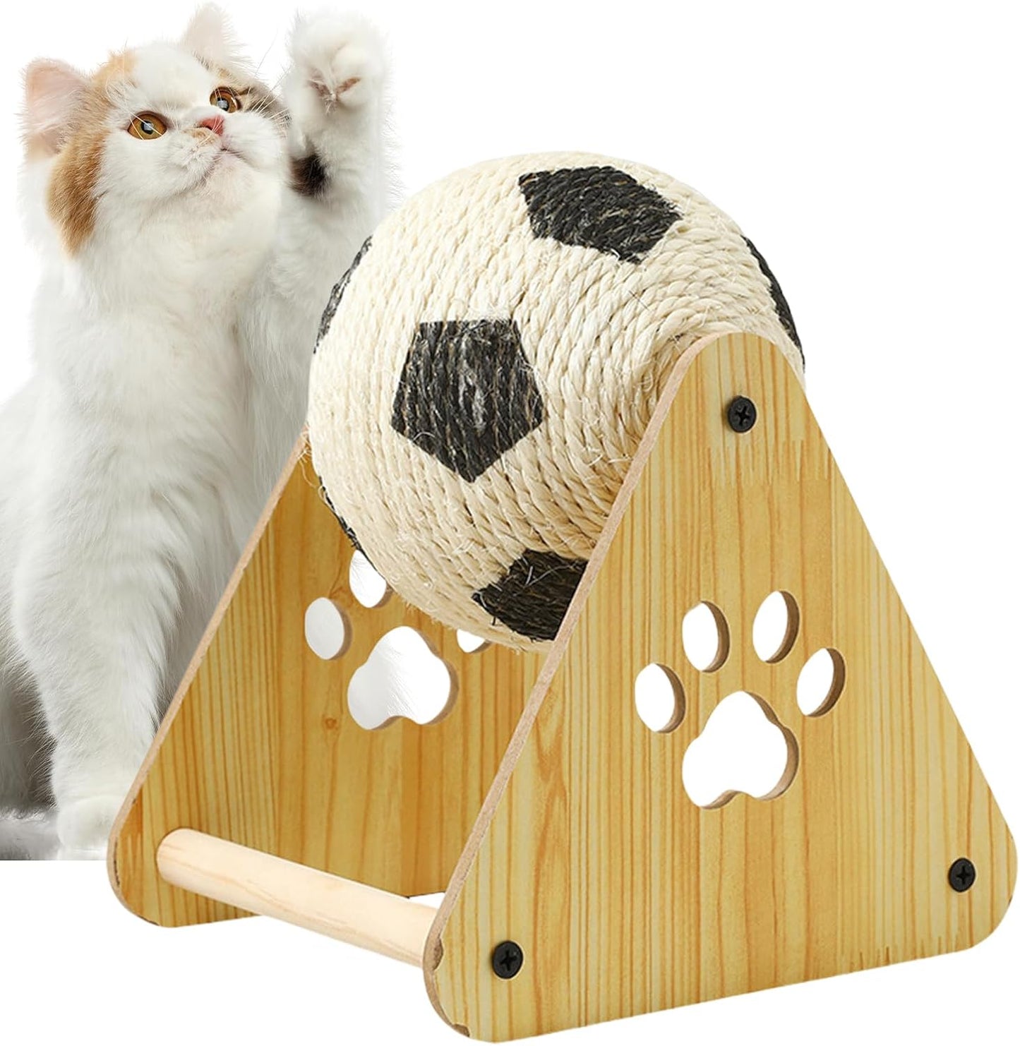 Cat Scratch Ball - Interactive Cat Ball Toy Stand with Wooden Base | Spherical Nail File Scratcher, Enrichment Exercise Soccer Pet Supplies for Indoor Small Medium Breed Kittens Dogs