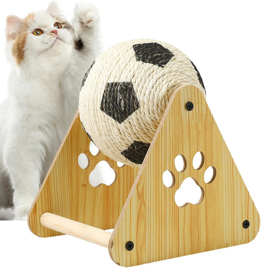 Cat Scratch Ball - Interactive Cat Ball Toy Stand with Wooden Base | Spherical Nail File Scratcher, Enrichment Exercise Soccer Pet Supplies for Indoor Small Medium Breed Kittens Dogs