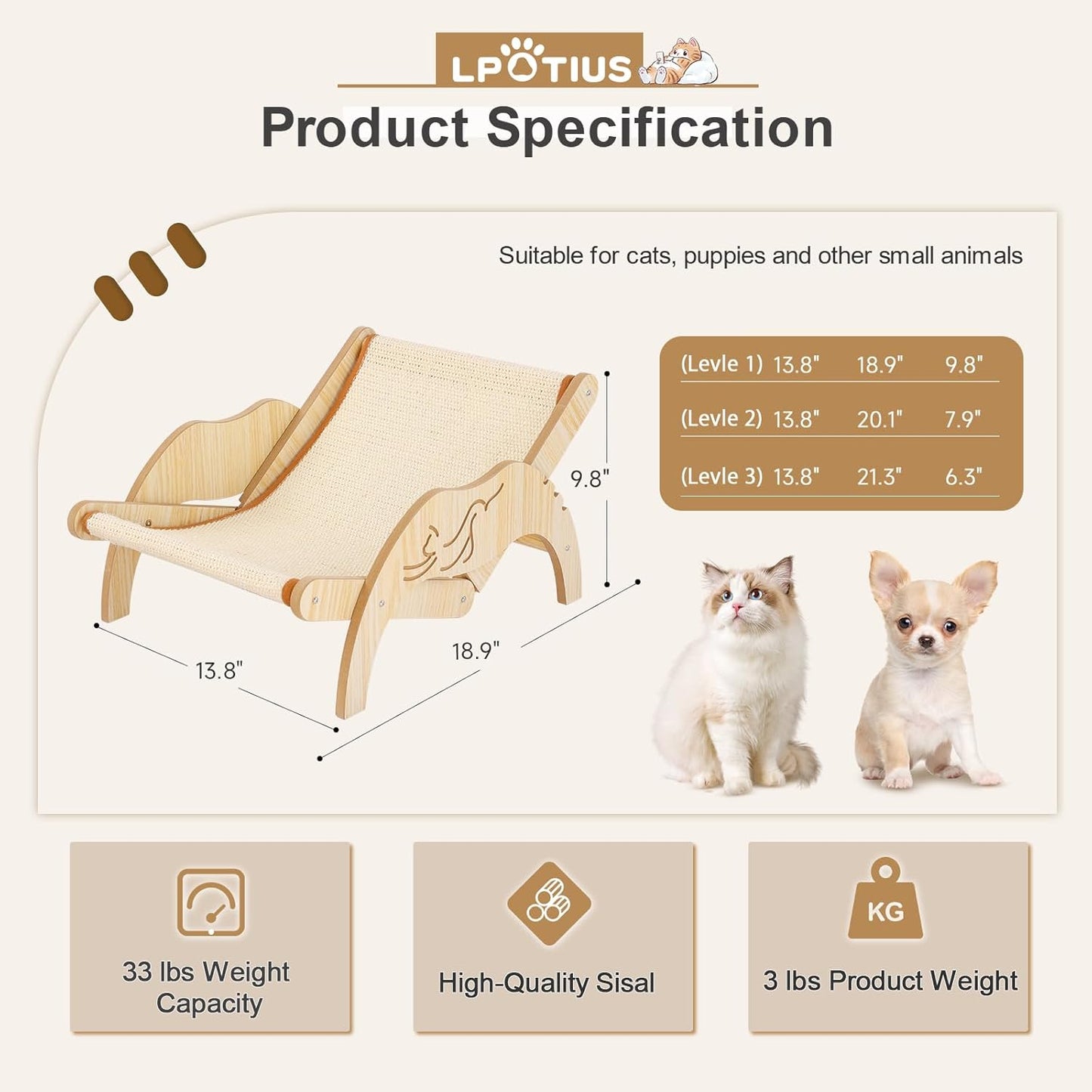 Elevated Cat Bed Cat Hammock Beach Chair with Sisal Scratcher