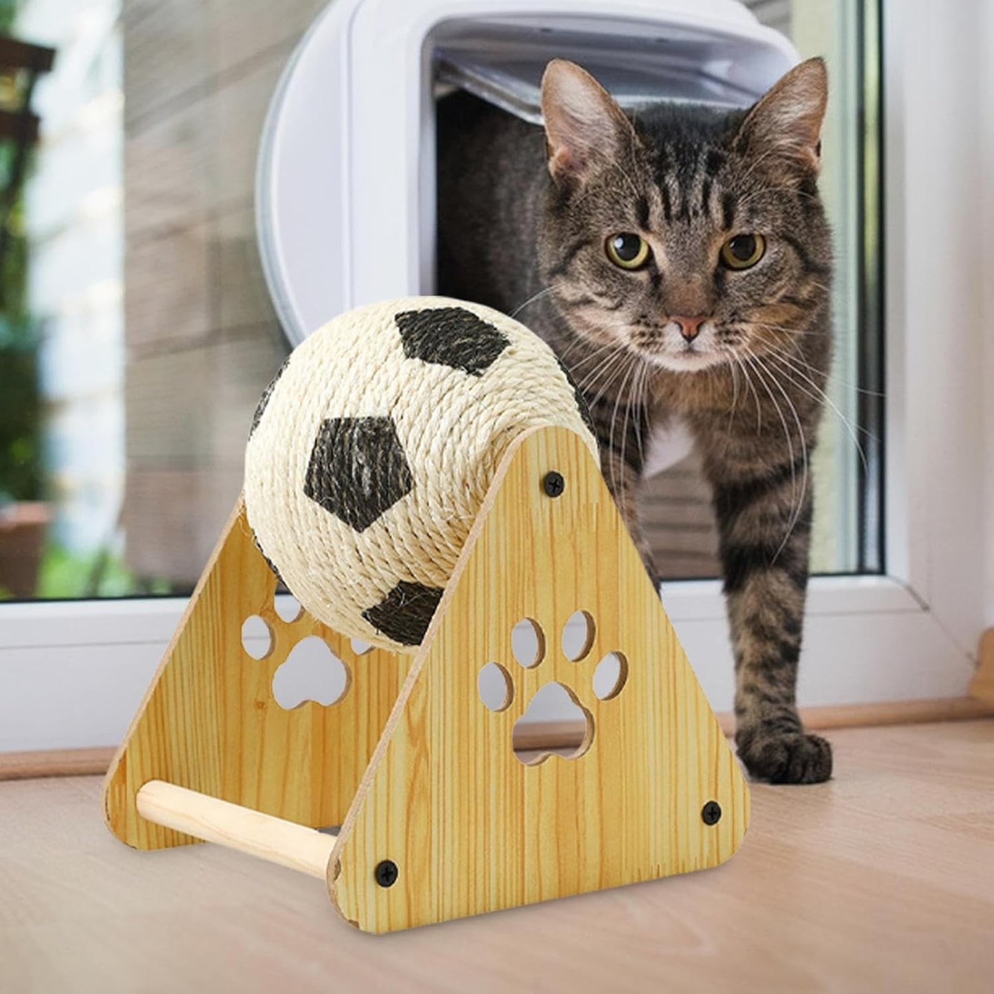 Cat Scratch Ball - Interactive Cat Ball Toy Stand with Wooden Base | Spherical Nail File Scratcher, Enrichment Exercise Soccer Pet Supplies for Indoor Small Medium Breed Kittens Dogs