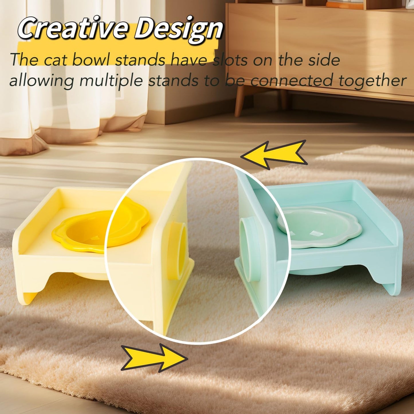 Cat Bowls Elevated Whisker Friendly, Cat Food Bowls for Indoor Cats, Ceramic Shallow Cat Food Dishes, Non-Slip Raised Edge Plastic Feeding Bowl Stand, Catch Water, Food Mess, No Spill (Pink)