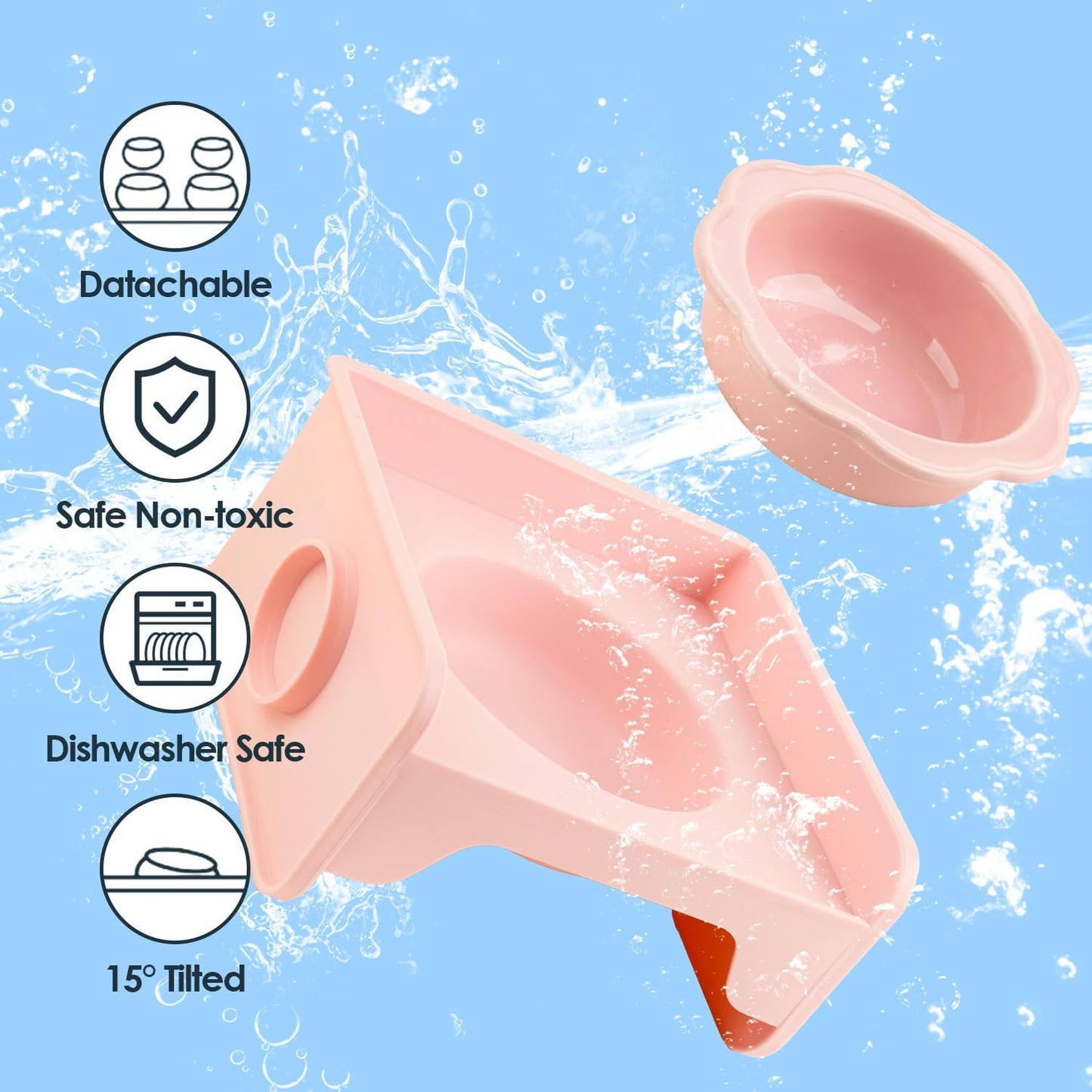 Cat Bowls Elevated Whisker Friendly, Cat Food Bowls for Indoor Cats, Ceramic Shallow Cat Food Dishes, Non-Slip Raised Edge Plastic Feeding Bowl Stand, Catch Water, Food Mess, No Spill (Pink)