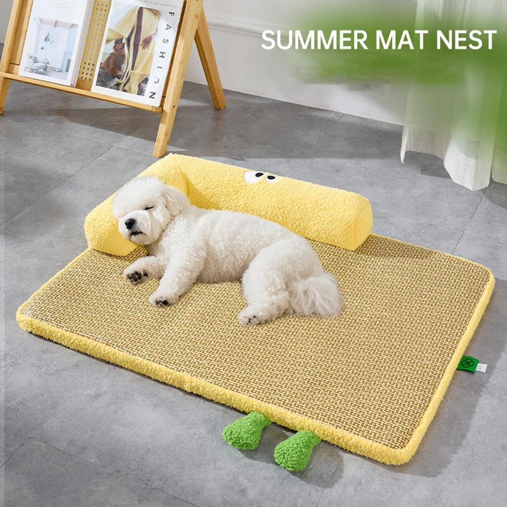 Summer Cooling Pet Mat, Rattan Pad Dog Bed, Square Cooling Mat, Pet ice Rattan nest, Dog Bed Summer Pad, Sleeping, for Large Medium Small Dogs Cats,M
