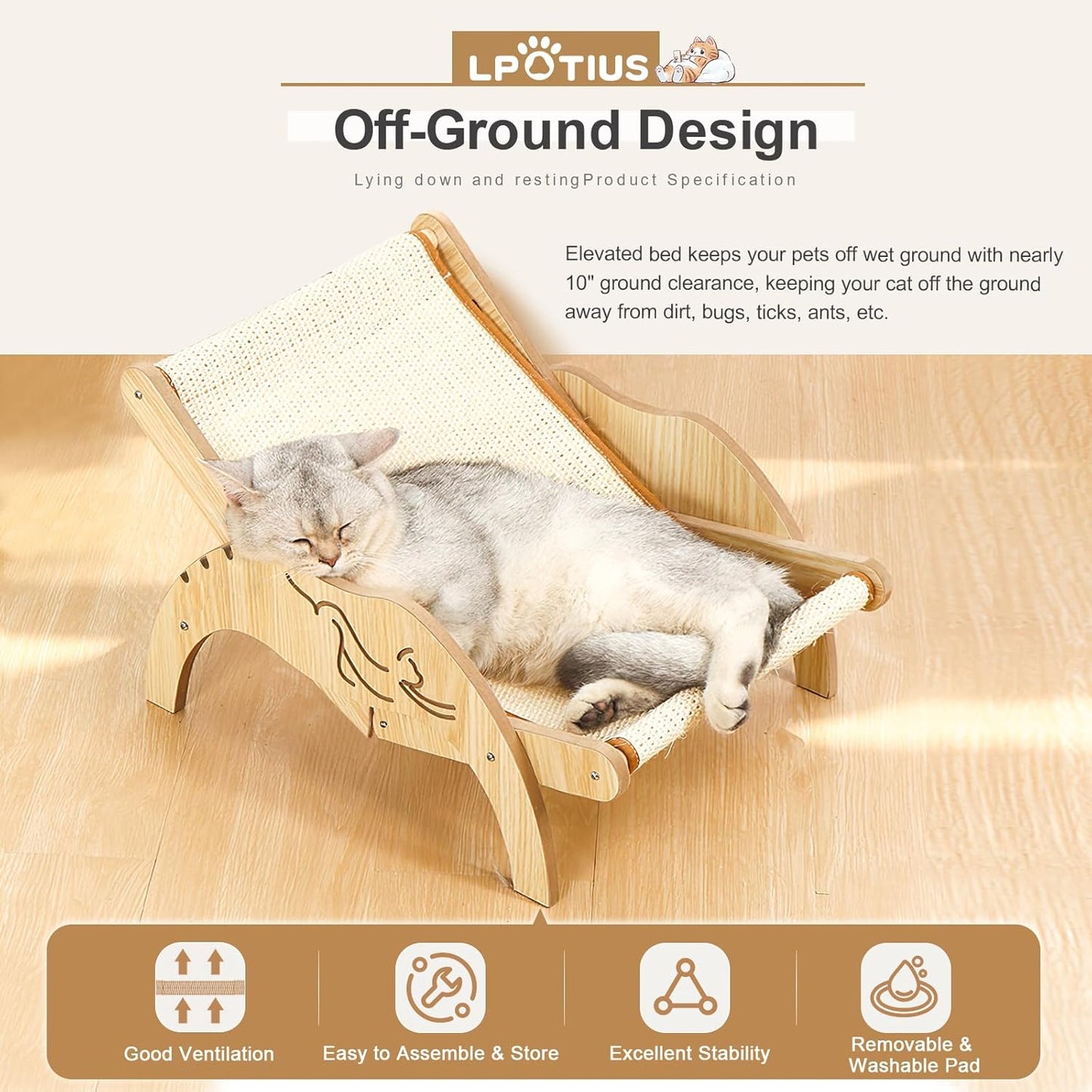 Elevated Cat Bed Cat Hammock Beach Chair with Sisal Scratcher