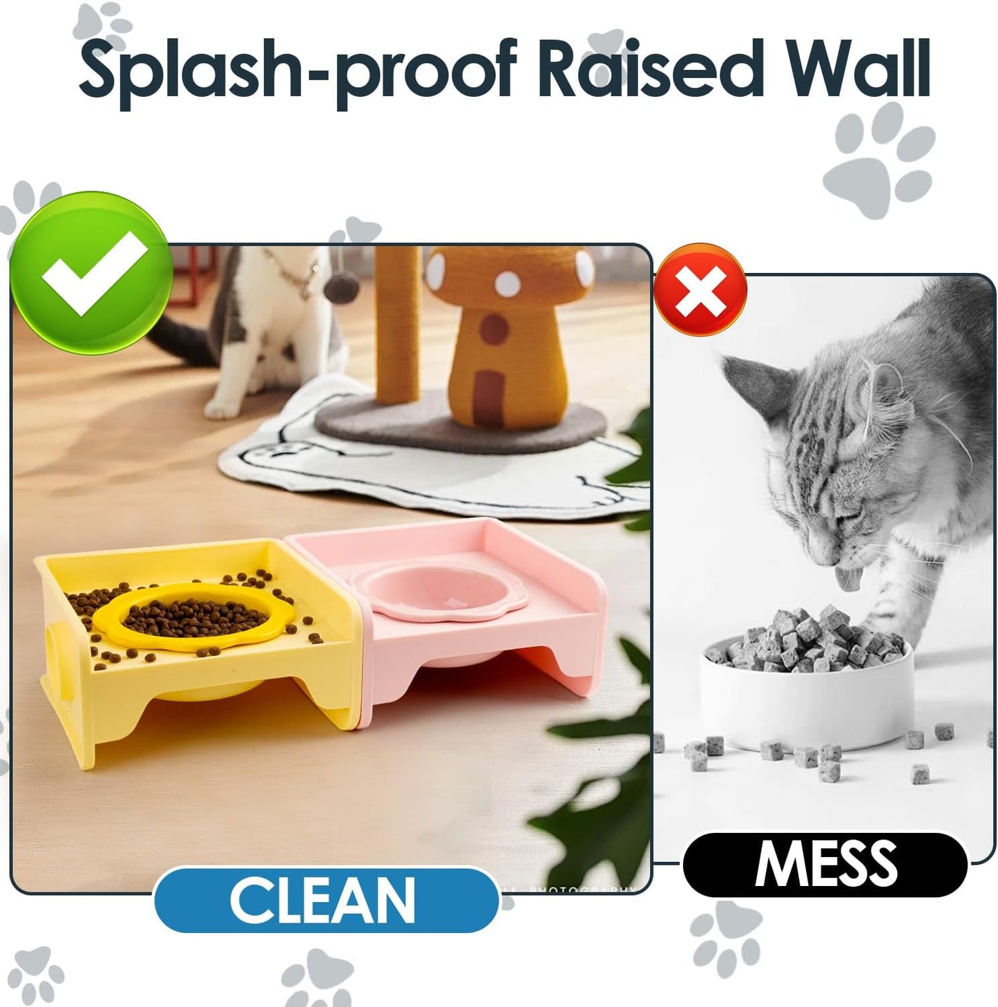 Cat Bowls Elevated Whisker Friendly, Cat Food Bowls for Indoor Cats, Ceramic Shallow Cat Food Dishes, Non-Slip Raised Edge Plastic Feeding Bowl Stand, Catch Water, Food Mess, No Spill (Pink)