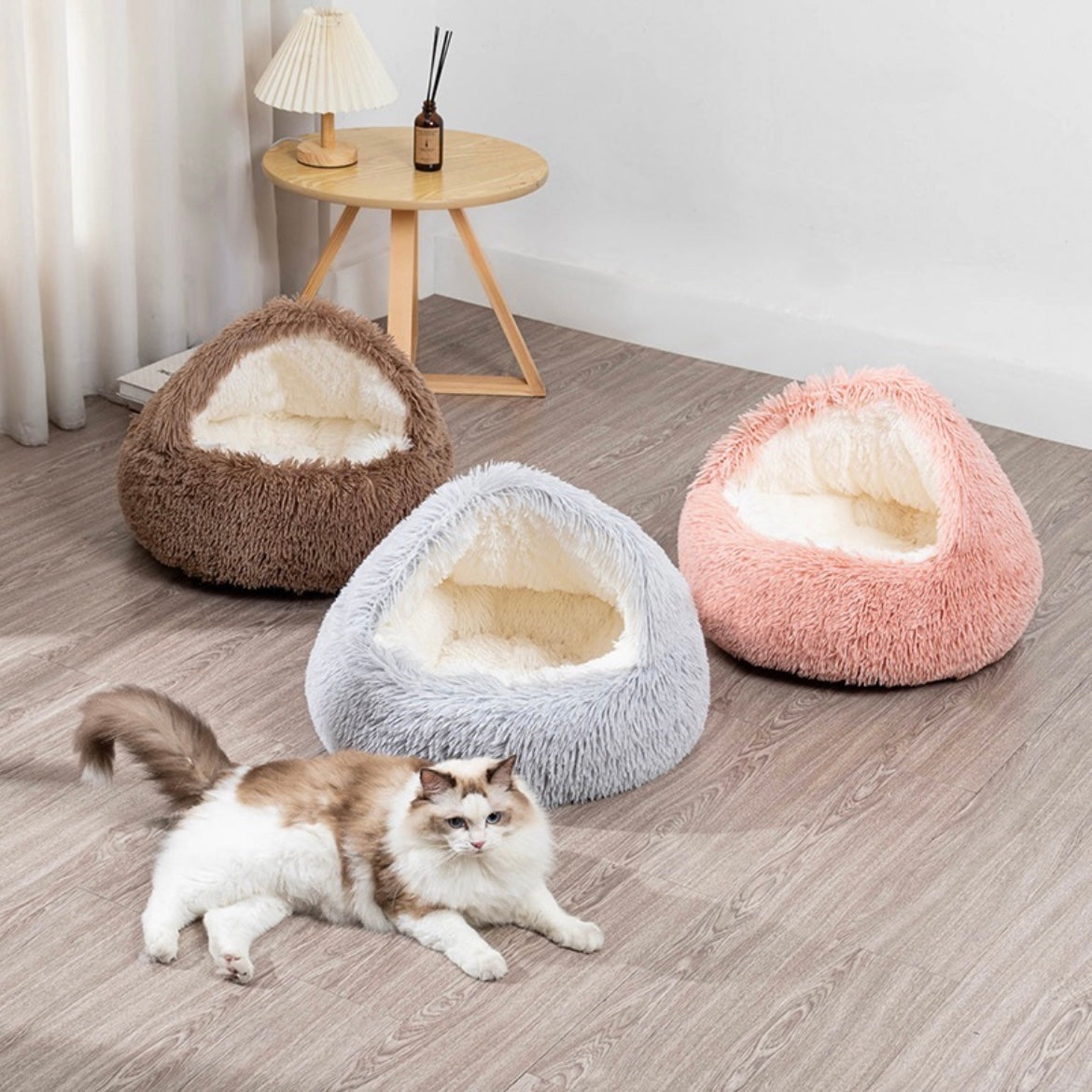 Calming Round Dog Beds &Cat Cave Bed with Hooded Cover